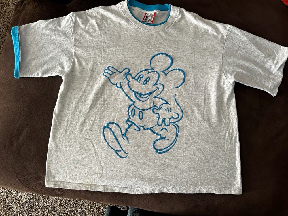 Disney Mickey Mouse Adult Graphic Ringer T-Shirt Gray w/ Blue Trim Theme Parks